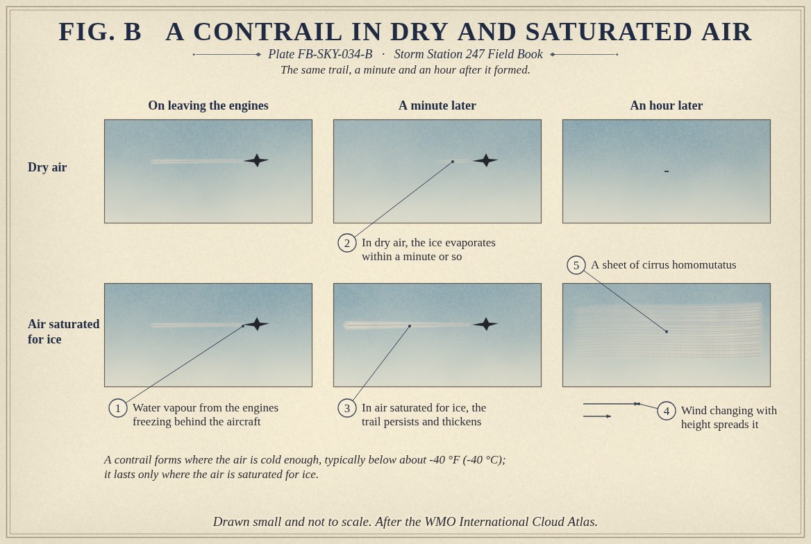 Six small painted skies in two rows and three columns. In dry air, a short white contrail behind an aircraft, a minute later only a faint stub behind it, and an hour later an empty sky. In air saturated for ice, a short contrail behind an aircraft, a minute later a longer and thicker trail, and an hour later a wide sheet of streaked ice cloud, with two arrows of wind changing with height beneath it; a note that a contrail forms where the air is cold enough, typically below about minus 40 degrees Fahrenheit (minus 40 degrees Celsius), and lasts only where the air is saturated for ice.