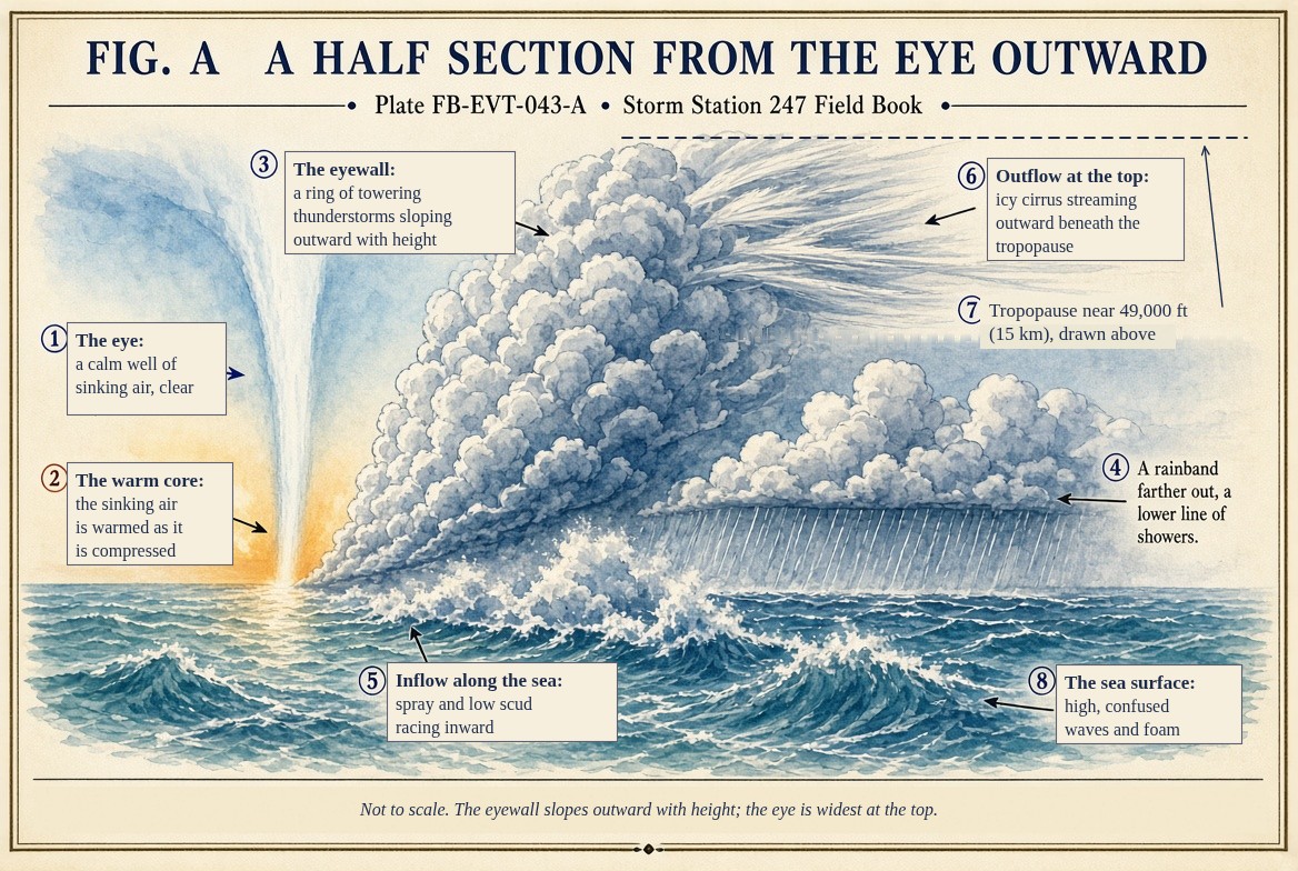 A painted half section of a mature hurricane from the eye outward over a rough sea: the clear eye of sinking, warmed air at the left; the eyewall, a tall ring of towering thunderstorms sloping outward with height; a lower rainband farther out with rain beneath; spray and low scud racing inward along the sea; and icy cirrus streaming outward at the top of the eyewall beneath the tropopause.
