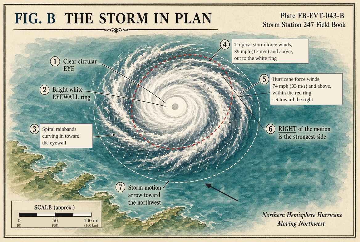 A painted hurricane seen from above over a teal sea with a coast at the lower left: the clear eye, the bright eyewall around it, spiral rainbands, a red ring enclosing hurricane force winds set toward the storm's right, a white ring for the reach of tropical storm force winds, and an arrow of its motion toward the north west, with a scale of about 100 miles (160 kilometres).