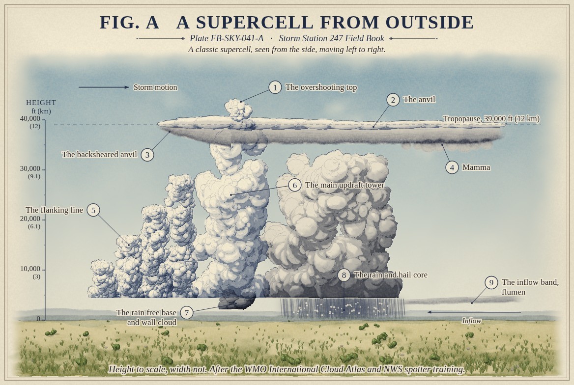 A classic supercell seen from the side, moving left to right.
