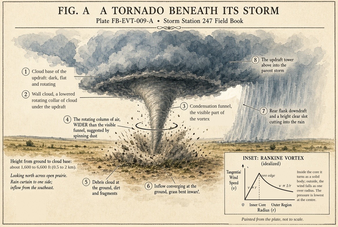 A painted tornado over open prairie looking north: the dark flat rotating base of the updraft and a lowered wall cloud beneath it, a tapered condensation funnel reaching toward the ground inside a wider rotating column marked by spinning dust, a debris cloud at the ground, grass bent inward by the converging inflow, and a rain curtain of the rear flank downdraft to one side; inset, the Rankine vortex, the wind rising in proportion to radius inside the core and falling as one over radius outside it.