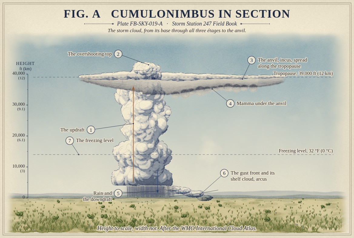 A painted section of a cumulonimbus over a prairie, heights to scale from the ground to 49,000 feet (15 kilometres): a tall billowing tower from a dark base near 4,000 feet (1.2 kilometres), an updraft arrow rising through it, the freezing level marked across it, its top spread into a flat anvil along the tropopause at 39,000 feet (12 kilometres) and carried downwind to the right, a small dome of overshooting top above the anvil, rounded mamma hanging under the downwind anvil, a grey rain shaft with a downdraft arrow beneath the tower, and a low dark shelf cloud along the gust front.