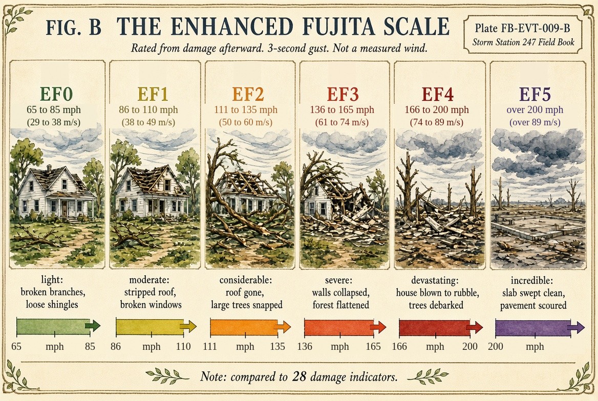 Six painted panels of the same farmhouse and trees, from EF0, light damage with broken branches and loose shingles, to EF5, a bare slab swept clean, each headed by its rating and its range of wind in miles an hour, with metres a second in brackets, over a bar from the low end of that range to the high.