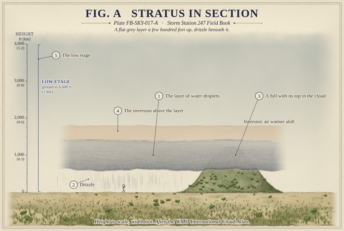 A painted section of stratus, heights to scale from the ground to 4,000 feet (1.2 kilometres): a flat grey layer from 600 to 1,400 feet (180 to 430 metres) under a warm tinted band of inversion from 1,400 to 1,800 feet (430 to 550 metres); fine drizzle falling from its base on the left, over a figure standing on the ground; and a green hill rising to 1,250 feet (380 metres) whose top is lost in the cloud.