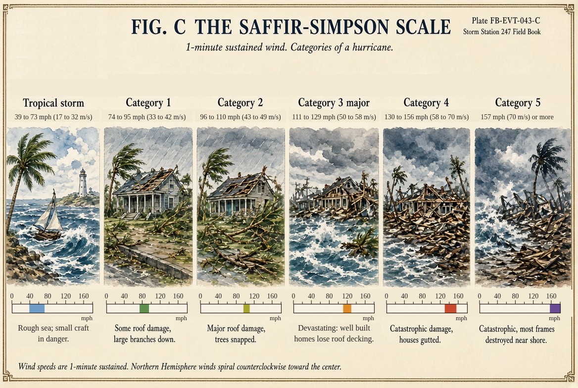 Six painted panels of the same coast from calm to ruin, headed by their ranges of one minute sustained wind: a tropical storm, 39 to 73 mph (17 to 32 metres a second), with a rough sea and a lighthouse; Category 1, 74 to 95 mph (33 to 42), some roof damage; Category 2, 96 to 110 mph (43 to 49), major roof damage and trees snapped; Category 3, a major hurricane, 111 to 129 mph (50 to 58); Category 4, 130 to 156 mph (58 to 70), houses gutted; and Category 5, 157 mph (70 metres a second) or more, most frames destroyed near the shore; each with a bar marking its range on one scale of wind in miles an hour.