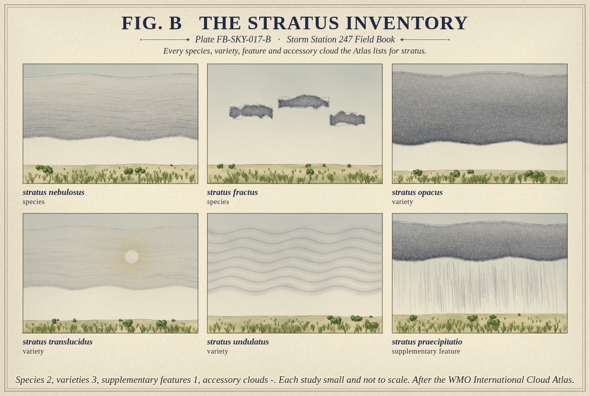 Small paintings of stratus, one for every name the International Cloud Atlas lists for it, each labelled with its full name and its rank: the species nebulosus and fractus; the varieties opacus, translucidus and undulatus; and the supplementary feature praecipitatio; with the count of each rank beneath, a hyphen where the Atlas gives none.