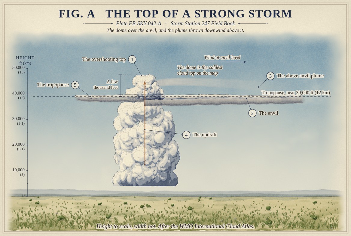 A painted section of a strong thunderstorm over a prairie, heights to scale from the ground to 59,000 feet (18 kilometres): a billowing tower with an updraft arrow rising through it and past the tropopause near 39,000 feet (12 kilometres), into a dome above the anvil dimensioned as a few thousand feet above it; the thin anvil spread along the tropopause; a streaked plume of ice thrown downwind above the anvil under an arrow of the wind at anvil level; and a note that the dome is the coldest cloud top on the map.